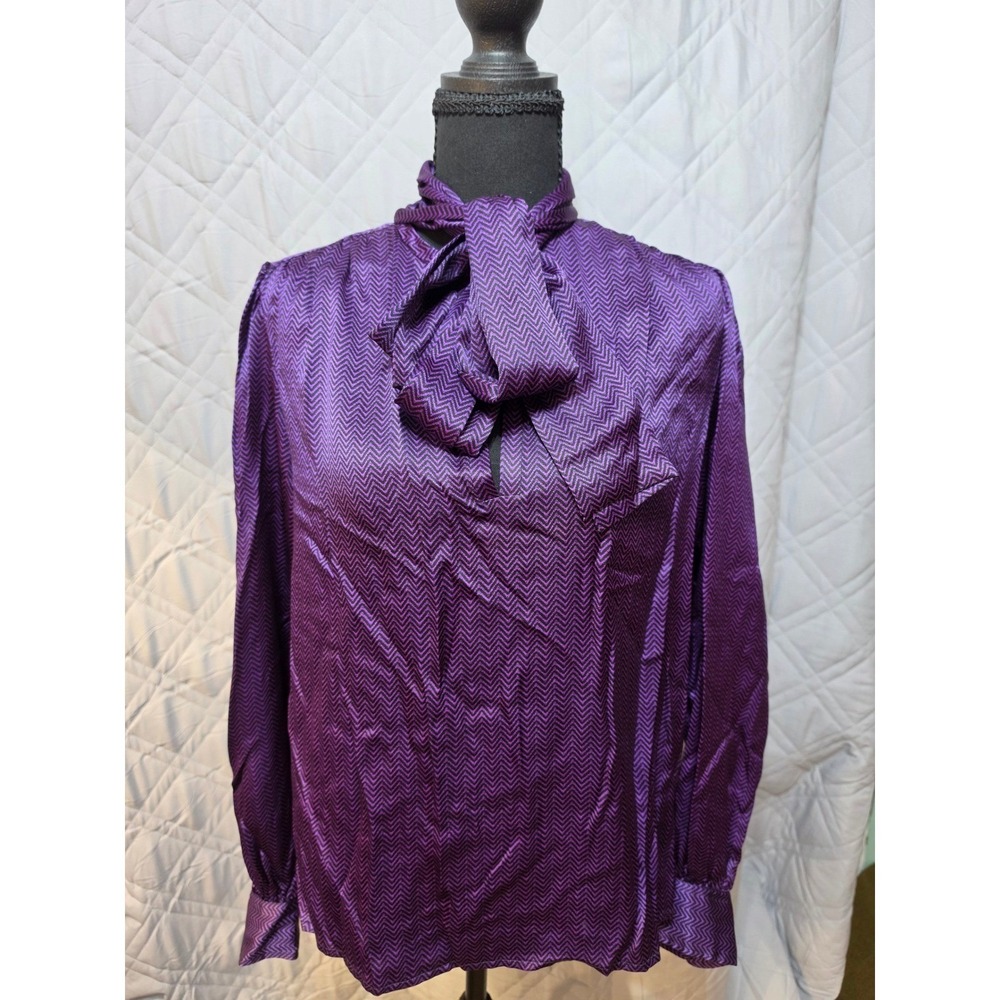 Saint Laurent Rive Gauche Vintage Purple Chevron Bow Blouse Size 36 FR